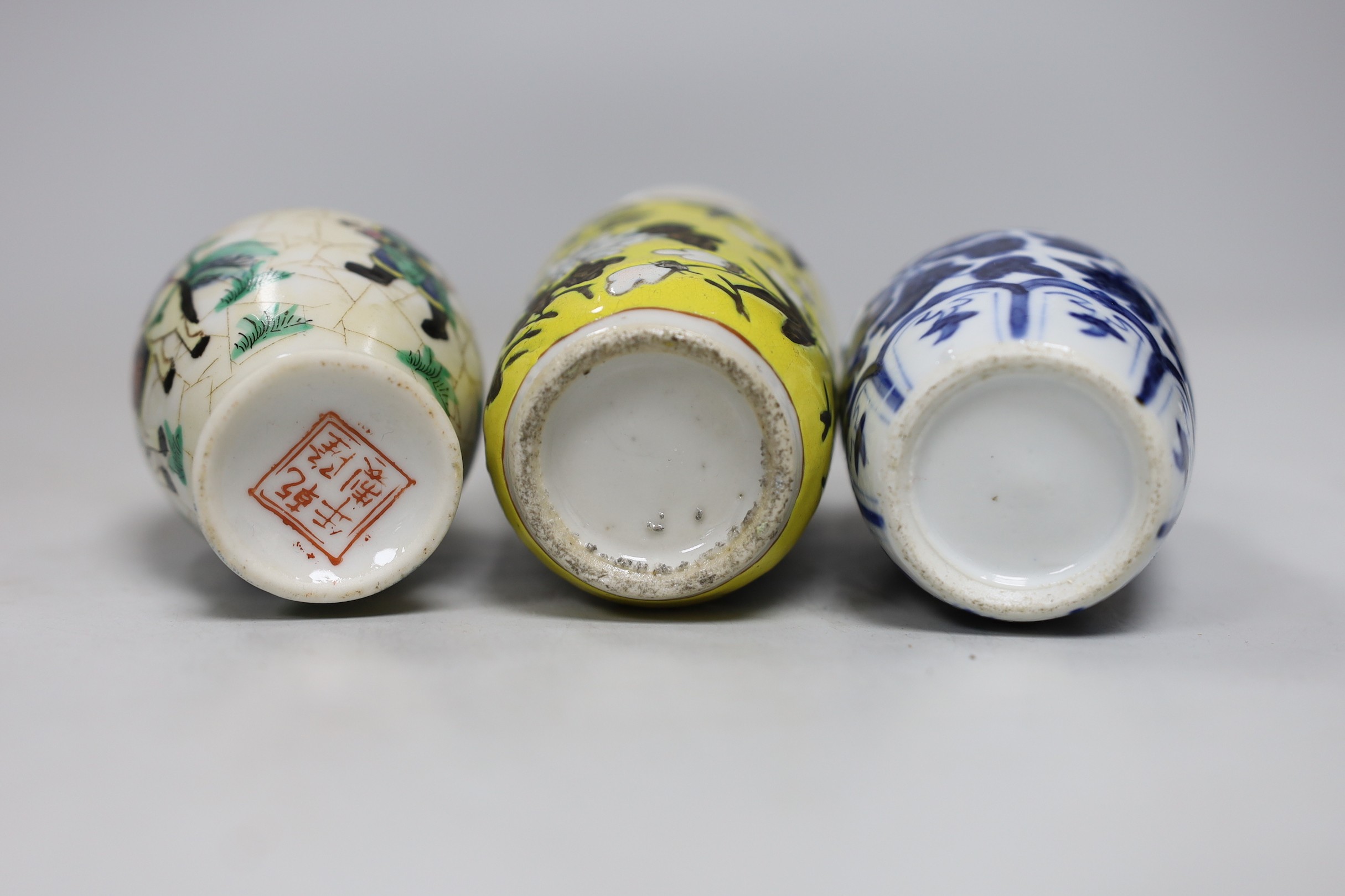 Two 19th century Chinese porcelain small vases and a small famille rose vase, tallest 11cm high